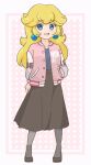  1boy 1girl alternate_costume blonde_hair blue_eyes chocomiru crown crown_removed earrings eyebrows_behind_hair full_body happy high_heels highres jewelry looking_at_viewer open_mouth pantyhose polka_dot polka_dot_background princess_peach skirt smile sportswear super_mario_bros. 