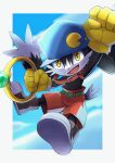 1boy :d animal_ears arm_up black_fur blue_headwear blue_sky body_fur border cabbie_hat clenched_hands clouds collar commentary_request day full_body furry furry_male gem gloves green_belt green_gemstone happy hat highres holding jewelry kaze_no_klonoa klonoa looking_at_viewer male_focus open_mouth outdoors outside_border red_collar red_shorts ring shoes shorts sky smile solo tail topless_male two-tone_fur watagashikn white_border white_fur yellow_eyes yellow_gloves 