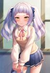  1girl absurdres bangs blunt_bangs blush collared_shirt grey_hair hair_ribbon highres hololive long_hair long_sleeves milk_box_(leoleo963852741) murasaki_shion ribbon school_uniform shirt short_eyebrows sidelocks skirt smile solo twintails virtual_youtuber yellow_eyes 