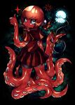  1girl black_background black_sclera colored_sclera colored_skin full_body holding holding_leash horizontal_pupils jellyfish leash looking_at_viewer looking_back monster_girl o3o original pleated_skirt red_sailor_collar red_serafuku red_skin red_skirt redhead sailor_collar school_uniform scylla senmu_(0107) serafuku short_hair short_ponytail short_sleeves skirt solo suction_cups tentacles thumbs_up white_eyes 