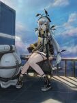  1girl absurdres arknights closed_mouth clouds day detached_sleeves full_body grey_hair hair_ornament highres hua_ming_wink jacket long_hair long_sleeves looking_at_viewer low-tied_long_hair low_ponytail outdoors red_eyes ribbon shoes sitting sky solo tail thigh_strap weedy_(arknights) 