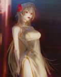  1girl absurdres arm_behind_back blonde_hair blurry blurry_background breasts china_dress chinese_clothes cowboy_shot dress expressionless flower hair_flower hair_ornament highres hip_vent large_breasts long_hair looking_at_viewer original pale_skin red_eyes red_lips solo volff 