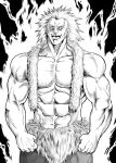  1boy aura fur_scarf greyscale highres hunter_x_hunter male_focus monochrome muscular muscular_male navel open_mouth sideburns smile solo spiky_hair topless_male upper_body uvogin yasuaki 