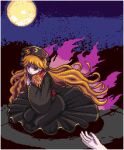  1girl black_dress black_headwear closed_mouth commentary_request dress full_body full_moon junko_(touhou) long_hair long_sleeves looking_at_viewer moon orange_hair pale_skin phoenix_crown pixel_art red_eyes solo tabard touhou unk_kyouso very_long_hair wide_sleeves 