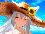  1girl :d animal_ears bangs blue_sky blush braid brown_headwear closed_eyes collarbone day ears_through_headwear facing_viewer flower fox_ears grey_hair grin hat hat_flower highres hololive lens_flare long_hair o29sukizero outdoors parted_lips portrait shirakami_fubuki side_braid sky smile solo straw_hat sunflower virtual_youtuber yellow_flower 