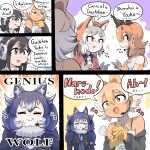  5girls animal_costume animal_ear_fluff animal_ears black_hair blonde_hair blue_eyes blue_hair caracal_(kemono_friends) caracal_ears coyote_(kemono_friends) coyote_ears coyote_girl dire_wolf_(kemono_friends) fox_ears fox_girl fox_tail grey_hair highres humboldt_penguin_(kemono_friends) island_fox_(kemono_friends) kemono_friends kemono_friends_v_project long_hair mcgunngu microphone multicolored_hair multiple_girls orange_hair penguin_costume short_hair smile tail virtual_youtuber wolf_costume wolf_ears wolf_girl yellow_eyes 