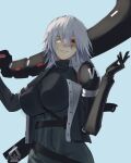  1girl aaron_(aaron4307) absurdres blue_background breasts cyborg genderswap heterochromia highres holding holding_weapon mechanical_parts punishing:_gray_raven red_eyes roland_(punishing:_gray_raven) simple_background smile upper_body weapon white_hair yellow_eyes 