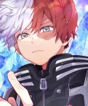  1boy blue_eyes boku_no_hero_academia burn_scar commentary_request heterochromia highres ice looking_at_viewer male_focus morino_(ktdk_0141) multicolored_hair parted_lips redhead scar scar_on_face short_hair solo split-color_hair todoroki_shouto two-tone_hair white_hair 