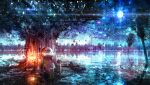  blue_theme bridge city fantasy gears highres lamp looking_to_the_side lying mecha moon moonlight no_humans on_back original reflection reflective_water robot scenery science_fiction sitting sky sparkle star_(sky) starry_sky tree wabema water 