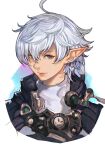 1boy alphinaud_leveilleur androgynous blue_eyes character_request check_character final_fantasy final_fantasy_xiv grey_hair hankuri lips looking_at_viewer male_focus pointy_ears solo upper_body white_hair