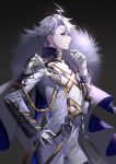 1boy absurdres ahoge armor bangs blue_eyes cloak closed_mouth commentary_request expressionless facial_mark fate/grand_order fate_(series) feet_out_of_frame from_side fur_trim glasses gloves grey_hair hand_on_hip hand_on_own_hip hand_up hands_up high_collar highres james_moriarty_(fate) james_moriarty_(ruler)_(fate) long_sleeves looking_at_viewer looking_to_the_side male_focus official_alternate_costume pale_skin pants short_hair shoulder_armor shoulder_spikes simple_background solo sparkle spikes white_gloves white_pants wingtemple younger