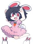  1girl animal animal_ears barefoot black_hair blush buck_teeth carrot_necklace dress fried_rice0614 hair_between_eyes highres inaba_tewi one-hour_drawing_challenge open_mouth pink_dress rabbit rabbit_ears rabbit_tail red_eyes short_hair short_sleeves simple_background smile solo tail teeth touhou upper_teeth white_background 