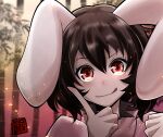  1girl :q animal_ears bamboo bamboo_forest bangs black_hair blush closed_mouth commentary_request dress finger_to_cheek floppy_ears forest hair_between_eyes highres inaba_tewi looking_at_viewer nature pink_dress rabbit_ears rabbit_girl red_eyes short_hair smile solo tongue tongue_out touhou upper_body wagu_neru 