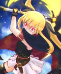  1girl 2022 armband artist_name bardiche belt black_bow black_cape black_gloves blonde_hair blue_sky bow brown_belt cape clouds fate_testarossa gloves hair_bow highres lyrical_nanoha mahou_shoujo_lyrical_nanoha minzzway red_eyes skirt sky sleeveless solo thigh-highs thighs twintails white_skirt 