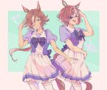  2girls :d animal_ears arm_up arrow_(symbol) black_bow blue_shirt blush bow brown_eyes brown_hair character_name commentary eyepatch frilled_skirt frills grin hair_over_one_eye hand_up horse_ears horse_girl horse_tail long_hair low_ponytail multicolored_hair multiple_girls nirin pleated_skirt ponytail puffy_short_sleeves puffy_sleeves school_uniform shirt short_sleeves skirt smile streaked_hair symbol-only_commentary tail tanino_gimlet_(umamusume) thigh-highs tracen_school_uniform two-tone_hair umamusume very_long_hair vodka_(umamusume) white_hair white_legwear white_skirt 