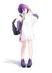  1girl ;| backpack bag bare_legs ear_piercing full_body highres idolmaster idolmaster_shiny_colors looking_afar messy_hair minorin oversized_clothes oversized_shirt piercing platform_footwear purple_footwear purple_hair shading_eyes shadow shirt simple_background solo tanaka_mamimi v-neck violet_eyes white_background white_shirt wide_sleeves 