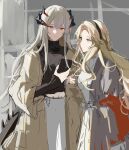  2girls arknights black_hairband black_shirt blonde_hair brown_coat cellphone coat cowboy_shot dragon_girl dragon_tail grey_background grey_hair grey_shirt hairband hand_up highres holding holding_phone joshua_(shisanli934) kirsten_(arknights) long_sleeves multiple_girls open_clothes open_coat orange_eyes phone saria_(arknights) shirt simple_background sketch skirt smile tail white_skirt 