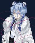  1boy absurdres bishounen blue_eyes blue_hair braid closed_mouth coat double_bun fur_collar hair_bun highres jewelry male_focus nea_(nongta2002) necklace original pin shirt simple_background skeleton solo string twin_braids upper_body white_coat white_shirt 