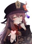  1girl ;3 absurdres bangs black_nails brown_hair chinese_clothes commentary_request finger_to_mouth flower genshin_impact hair_between_eyes hat hat_flower hat_ornament heart highres hu_tao_(genshin_impact) jewelry long_hair long_sleeves looking_at_viewer o3o one_eye_closed qixia reaching_out red_eyes ring sidelocks simple_background smile solo symbol-shaped_pupils twintails white_background 