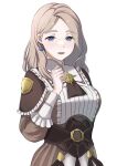  1girl :d ascot bangs blonde_hair blue_eyes blush brown_ascot brown_dress dress earrings fire_emblem fire_emblem:_three_houses fire_emblem_warriors:_three_hopes jewelry long_hair long_sleeves mercedes_von_martritz official_alternate_costume open_mouth shirt simple_background smile solo upper_body white_shirt yuriodayo 