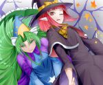  2girls bob_cut bow capelet dress frilled_dress frilled_skirt frills green_eyes green_hair hair_bow hat hat_bow johnson0110 kirisame_marisa kirisame_marisa_(pc-98) long_hair long_sleeves mima_(touhou) multiple_girls open_mouth pointy_ears purple_dress purple_headwear red_eyes redhead short_hair signature skirt star_(symbol) star_print story_of_eastern_wonderland sun_print tongue tongue_out touhou touhou_(pc-98) white_bow wide_sleeves witch_hat wizard_hat yellow_bow 