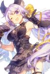  1girl animal_ears asymmetrical_gloves black_dress black_gloves breasts dated dress gloves granblue_fantasy kiwr large_breasts long_hair microphone purple_hair satyr_(granblue_fantasy) signature thigh_strap twintails violet_eyes white_background 