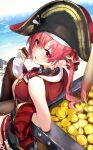  1girl ascot bangs brooch coin food gloves gold_coin hair_between_eyes hair_ribbon hand_up hat heterochromia highres holding holding_food hololive houshou_marine jewelry knee_up looking_back medium_hair open_mouth pirate_hat red_ascot red_eyes redhead ribbon sitting solo t-bth thigh-highs white_gloves yellow_eyes 