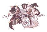  1boy 1girl black_hair brown_eyes cape chibi cookie_run dark_skin espresso_cookie frills humanization latte_cookie long_hair necktie one_eye_covered pink_eyes robe round_eyewear shawl short_hair simple_background white_background white_hair 