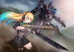  &gt;:( 1girl 1other absurdres black_thighhighs blonde_hair blue_eyes blue_hair camouflage camouflage_skirt dirty gloves gradient_hair gun headset highres holding holding_gun holding_weapon indie_virtual_youtuber long_hair mecha multicolored_hair non-web_source pouch robot ronin_(titanfall_2) skirt sword tamasi thigh-highs titanfall_(series) titanfall_2 v-shaped_eyebrows virtual_youtuber weapon weapon_request zeta_(vtuber) zettai_ryouiki 