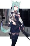  1girl animal_ear_fluff animal_ears ar-15 assault_rifle bangs bare_shoulders braid breasts collarbone commentary extra_ears fox_ears fox_girl fox_tail green_hair gun hair_between_eyes handgun highres holding holding_gun holding_weapon holster holstered_weapon jacket long_hair long_sleeves looking_at_viewer nagishiro_mito original red_eyes ribbon rifle scope shorts side_braid sidelocks small_breasts solo tail tail_raised thigh-highs thigh_holster thigh_strap trigger_discipline weapon white_jacket zettai_ryouiki 