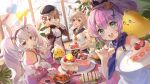  4girls animal_ears anniversary ayanami_(azur_lane) azur_lane bare_shoulders beret blouse blue_eyes blue_sailor_collar breasts buttons cake cake_slice camisole crop_top cross crown cup double-breasted elise_(piclic) fake_animal_ears food fruit gloves gold_trim green_eyes hairband hat headgear high_ponytail highres holding holding_plate indoors iron_cross jacket javelin_(azur_lane) laffey_(azur_lane) light_brown_hair long_hair looking_at_another looking_at_viewer manjuu_(azur_lane) medium_hair mini_crown multiple_girls open_clothes open_jacket open_mouth orange_eyes parfait pink_hair pink_jacket plate purple_hair purple_ribbon rabbit_ears red_eyes red_hairband ribbon round_table sailor_collar school_uniform serafuku shirt short_hair sitting sleeveless small_breasts strawberry teacup tilted_headwear white_camisole white_gloves wide_ponytail window z23_(azur_lane) 