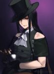  1other akisa_(12023648) androgynous ascot asymmetrical_gloves bare_shoulders black_hair black_suit collared_shirt cup eyeshadow fingerless_gloves formal gloves guilty_gear guilty_gear_strive half-closed_eyes hat hat_over_one_eye long_hair looking_at_viewer makeup purple_background red_eyes scythe shaded_face shirt simple_background skull solo standing straight_hair suit tea teacup testament_(guilty_gear) top_hat tray weapon white_gloves white_shirt 