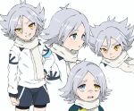  1boy antenna_hair blue_eyes closed_mouth fubuki_shirou grey_background grey_scarf hair_between_eyes hand_on_hip heterochromia inazuma_eleven_(series) male_focus open_mouth scarf simple_background smile spiky_hair sweat sweating_profusely teeth tomei_00 upper_teeth yellow_eyes 