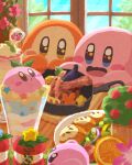  blush day desert drink excited flower food highres ice_cream kirby kirby_(series) leaf meat miclot open_mouth sparkling_eyes sweets table tongue waddle_dee window 