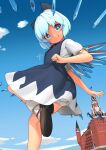 1girl blue_dress blue_eyes blue_hair cirno closed_mouth dress fairy highres huxiao_(mistlakefront) ice ice_wings mary_janes puffy_short_sleeves puffy_sleeves shirt shoes short_hair short_sleeves signature smile solo tongue tongue_out touhou white_shirt wings