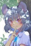  1girl animal_ears bangs blush bolo_tie closed_mouth collared_shirt commentary_request crystal dappled_sunlight finger_to_mouth flat_chest grey_hair grey_vest highres jewelry looking_at_viewer mouse_ears mouse_girl nayozane_(worker7) nazrin pendant red_eyes shirt short_hair short_sleeves smile solo sunlight touhou tree upper_body vest 