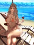 1girl absurdres alcohol beach beads belly_chain bikini blonde_hair blue_eyes breasts cup drinking drinking_glass highres jewelry large_breasts looking_at_viewer melkcoffee pokemon pokemon_(game) pokemon_sv professor_sada sada_(pokemon) self_upload simple_background smile solo swimsuit wine wine_glass