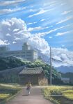  1girl absurdres backpack bag brush_stroke building clouds cloudy_sky commentary_request day from_behind grass highres kake_(kakelele) original outdoors pleated_skirt power_lines road running scenery school_uniform skirt sky skyscraper solo wide_shot wooden_wall 