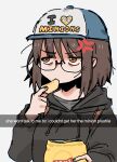  1girl anger_vein annoyed baseball_cap black_hoodie black_nails brown_hair chips despicable_me food glasses grey_shirt hair_behind_ear hat highres holding holding_food hood hoodie lay&#039;s minion_(despicable_me) original portrait potato_chips shirt snale snapchat solo white_background 