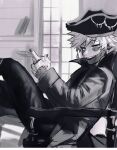  1boy boku_no_hero_academia burn_scar chair cheek_piercing cross cross_earrings dabi_(boku_no_hero_academia) earrings feathers greyscale hat highres holding holding_feather jewelry looking_at_viewer male_focus monochrome multiple_scars open_mouth pirate_costume pirate_hat ring scar scar_on_face scar_on_hand scar_on_neck sharl0ck sitting smile spoilers staple stapled todoroki_touya unfinished window 