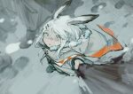  1girl :o animal_ears arknights coat curtch footprints from_above frostnova_(arknights) fur-trimmed_hood fur_trim grey_eyes hair_between_eyes hair_ornament hairclip highres hood hood_down hooded_coat looking_at_viewer orange_ribbon rabbit_ears ribbon scar scar_across_eye snow solo white_coat white_hair younger 