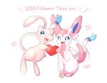 :d blue_eyes bright_pupils commentary_request dated heart highres holding mew milestone_celebration no_humans notice_lines okoge_(simokaji) open_mouth pokemon pokemon_(creature) signature sitting smile sylveon thank_you tongue white_pupils 