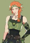  1girl belt black_pants braid brown_belt collarbone eyebrow_piercing gloves green_background green_eyes green_gloves green_headband green_tank_top hand_on_hip headband highres hyoon_(sockgyu) jewelry necklace pants piercing side_braid skye_(valorant) solo tank_top valorant 