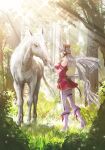  1girl animal_ears bangs blunt_bangs brown_headwear commentary_request day dress ear_bow ear_covers forest gold_ship_(racehorse) gold_ship_(umamusume) grey_hair horse_ears horse_girl horse_tail long_hair nature outdoors pillbox_hat red_dress standing tail umamusume umayasu violet_eyes 