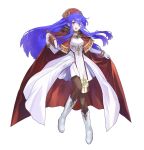  1girl :d blue_eyes blue_hair blush book boots brown_legwear cape elbow_gloves fire_emblem fire_emblem:_the_binding_blade gloves hat highres holding holding_book lilina_(fire_emblem) official_alternate_costume open_mouth pantyhose red_cape simple_background skirt smile solo sqamt_0029 white_background white_footwear white_gloves white_skirt 