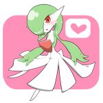  1girl bangs blush bob_cut border colored_skin commentary_request flat_chest full_body gardevoir green_hair green_skin hair_over_one_eye happy heart highres kazamidoririnn looking_at_viewer multicolored_skin one_eye_covered open_mouth outside_border partial_commentary pink_background pokemon pokemon_(creature) red_eyes shiny shiny_skin short_hair simple_background smile solo standing two-tone_skin white_border white_skin 