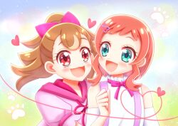  2girls :3 :d aqua_eyes back-to-back bare_shoulders blush bow brown_hair clothing_cutout colorful_background commentary curled_fingers drawstring dress frilled_shirt frilled_sleeves frills hair_bow hair_ornament hairclip heart heart_hair_ornament highres hood hood_down hooded_dress inukai_iroha inukai_komugi long_hair looking_at_another multiple_girls neck_ribbon niwatori_(syamo_chamo) open_mouth orange_hair paw_print paw_print_background pink_bow pink_dress pink_ribbon ponytail precure puffy_short_sleeves puffy_sleeves red_eyes ribbon shirt short_hair_with_long_locks short_sleeves shoulder_cutout smile suspenders tied_drawstring upper_body white_shirt wonderful_precure! 