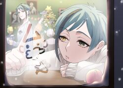  2boys blue_hair brothers cater_diamond christmas christmas_ornaments christmas_tree commentary_request condensation floyd_leech glass_writing green_eyes grim_(twisted_wonderland) heterochromia highres indoors jade_leech looking_outside male_focus mitsuro_illust multiple_boys rook_hunt santa_claus short_hair siblings silver_vanrouge snowing sweater twins twisted_wonderland upper_body white_sweater window window_fog yellow_eyes 
