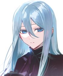  1girl agyou_sonokou_l artist_name black_dress black_gloves black_ribbon blue_eyes blue_hair commentary_request double-parted_bangs dress english_commentary expressionless gloves hair_between_eyes highres long_hair looking_to_the_side mixed-language_commentary neck_ribbon parted_lips partial_commentary portrait project_sekai ribbon sidelocks signature simple_background solo sweater turtleneck turtleneck_dress turtleneck_sweater upper_body white_background yoisaki_kanade 