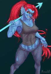  1girl 2023 2d abs anthro aqua_background armpit artist_name ben-day_dots black_eyepatch black_tank_top blue_pants blue_skin breasts carrying carrying_over_shoulder claws cleavage clip_studio_paint_(medium) colored_sclera colored_skin colored_teeth commentary contrapposto cowboy_shot dark_background digital_media ear_fins earrings english_commentary eyepatch female female_only fins fish fish_girl from_above head_fins high_ponytail highres holding holding_polearm holding_spear holding_weapon legs_apart long_hair looking_at_viewer making-of midriff monster monster_girl moondo9 multiple_earrings pants polearm ponytail red_hair scar screentones sharp_teeth simple_background slit_pupils solo spear standing tank_top teeth toned toned_female torn_clothes torn_pants undertale undyne utdr_(toby_fox) weapon yellow_sclera yellow_teeth 
